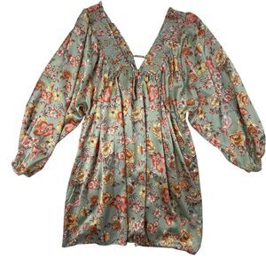 NEW Peach Love Deep V-Neck Satin Boho Floral Dress Women Medium Sage Green Mini